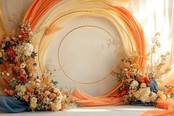 A artistic circular wedding arch featuring hoop decorations with fabric swirls and handcrafted floral arrangements for a unique touch,