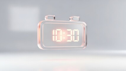 Translucent digital alarm clock displaying 10:30. Modern minimalist time concept with copy space