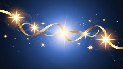 Abstract festive background with golden ribbons and glowing stars. Elegant blue and gold celebration design with sparkling light effects. Copy space