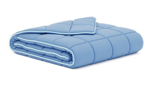 Light blue quilted blanket or comforter. Soft folded bedding textile on white background. Home comfort concept
