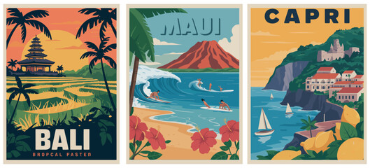 Set of Travel Destination Posters in Retro Style, Maui, Bali, and Capri Vector Art