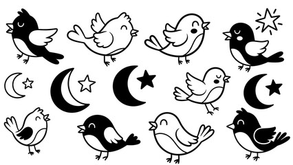 Fototapeta premium Vector Pattern of Cartoon Birds and Moon Stars in Minimalist Style for Kids Illustration