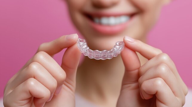 Smiling caucasian female holding clear dental retainer on pink background