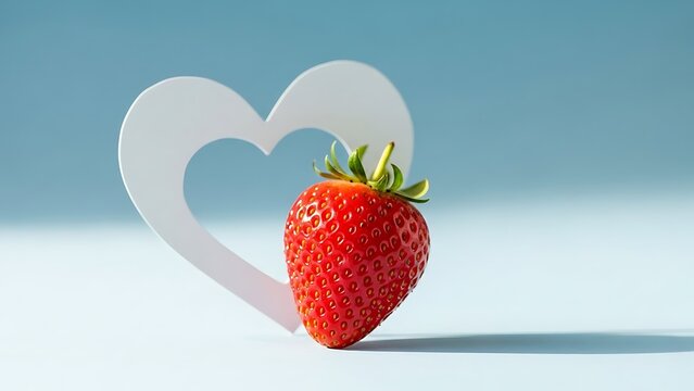 Vivid strawberry heart centerpiece on a solid light blue background. Artistic food display