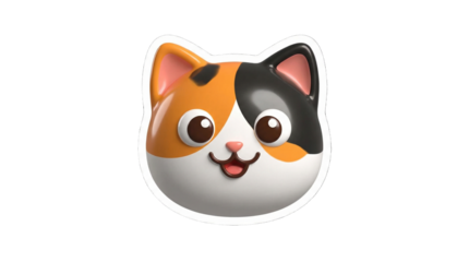 Colorful Cartoon Calico Cat Face with Big Eyes and Happy Expression on PNG Background