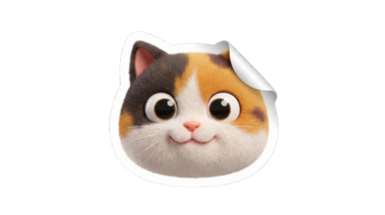 Cartoon Calico Cat Face Sticker with Big Eyes on PNG Background