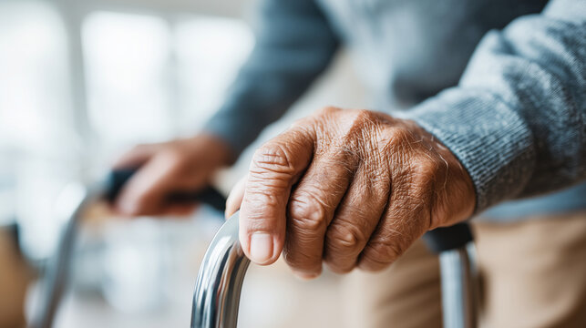 Close-up of faceless hands helping an elderly person stand up from a chair, support and aging, soft natural indoor light, unpolished real-life setting, sharp focus on the grip and