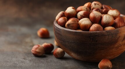 Rustic wooden bowl filled with hazelnuts on a brown surface.