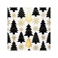 Obraz premium photorealistic flat-lay of a seamless black and metallic gold foil geometric pattern tile with stylized christmas trees and snowflakes on a white base, high-contrast luxury christmas concept