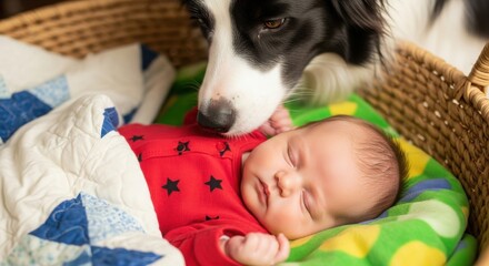 Dog Leaning Over Wicker Basket with Sleeping Baby in Red Onesie. Protective Border Collie and Infant on Star-Patterned Blanket. Tender Scene of Dog Nuzzling Newborn Baby in Basket.