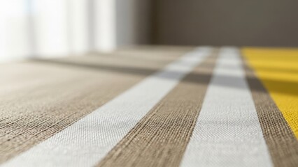 Close-up of a striped woven fabric texture. Brown, white, and yellow pattern on a textile surface in a sunlit room. Abstract background for interior design