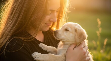 Close-Up of Person with Golden Hair Holding Puppy in Sunlight. Intimate Moment with Fluffy Puppy Bathed in Golden Glow. Woman in Black Shirt Cradling Light-Colored Puppy Outdoors.