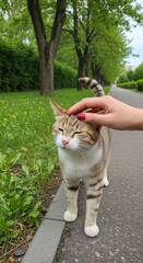 Human Hand Petting Light Brown Cat on Garden Pathway. Candid Outdoor Footage of Cat Enjoying Head Scratch. Manicured Red Nails Gently Scratching Domestic Cat Outdoors.
