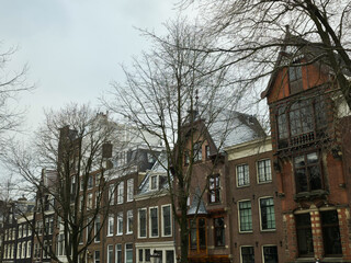 A street view of historic Amsterdam canal houses with snowy roofs under a gray winter sky, featuring bare tree branches in the foreground