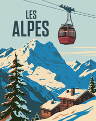 Ski Resort Vintage Poster with Gondola Lift and Mountain Chalet Illustration