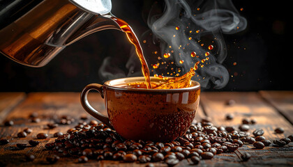 Hot Dark Coffee Being Poured into a Speckled Ceramic Mug Surrounded by Roasted Beans with Steam Rising on a Rustic Wooden Surface