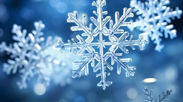 Beautiful and delicate snowflakes falling gently against a serene blue background, showcasing nature's winter artistry.