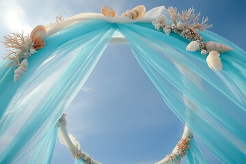 A beach-themed circular wedding arch draped with sheer aqua fabric and decorated with coral and seashell accents, ideal for seaside vows,