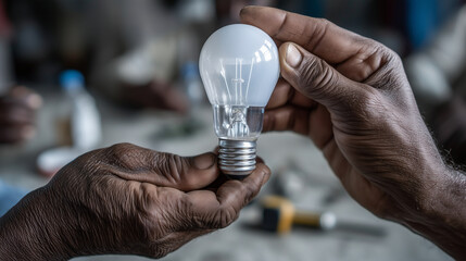 Close-up of faceless hands of two people together changing a lightbulb or fixing a kitchen cabinet, tools on the counter, partnership in fixer-upper tasks, gritty realistic lightin