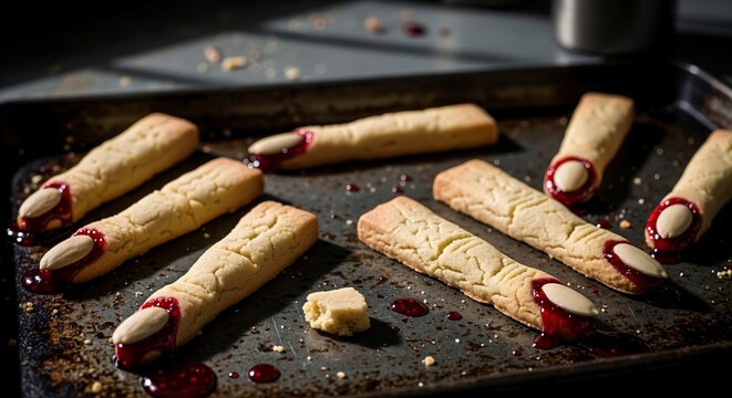 Spooky Halloween finger cookies on a dark baking tray. Creepy homemade dessert with almond nails and red jam blood. Horror-themed party food concept