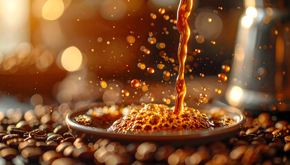Hot dark coffee pouring into a saucer creating a splash with roasted coffee beans scattered around in warm ambient lighting