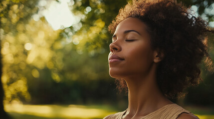 Relaxed young woman enjoying fresh air in green park, mindfulness, wellness and balanced lifestyle in nature.