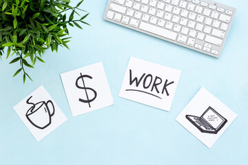 Many paper cards with hand drawing of different life activities with keyboard and green plant, top view. Life balance concept.