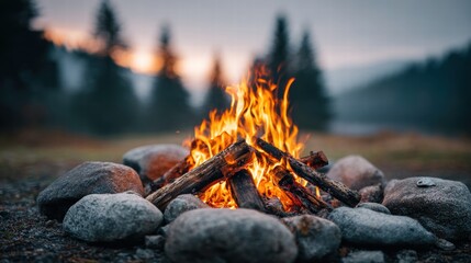 Campfire burning brightly in the evening