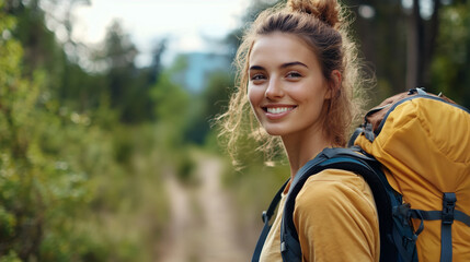 Smiling young woman hiking in forest with backpack, outdoor adventure, travel lifestyle, freedom and active recreation concept.