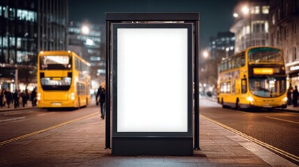 Blank advertising billboard on a bus stop at night in a city.