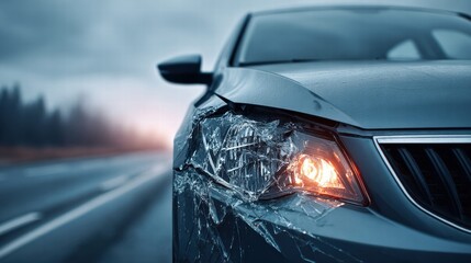 Car accident scene with a damaged headlight on a highway