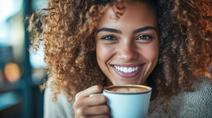 Smiling woman enjoying a cup of coffee in a cozy caf&eacute;, relaxing and savoring a warm drink in a casual lifestyle moment.