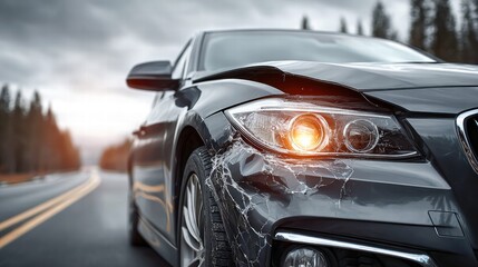 Damaged car on a road after an accident