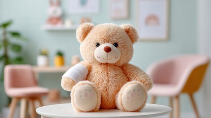 A teddy bear with a bandage, symbolizing comfort and healing in a child's room.