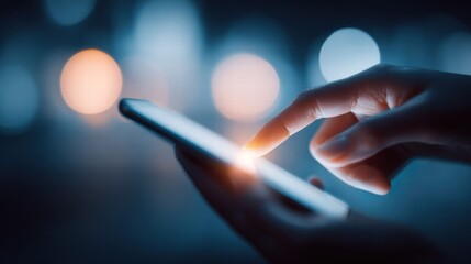 A hand uses a smartphone with glowing screen and soft, blurred bokeh lights.