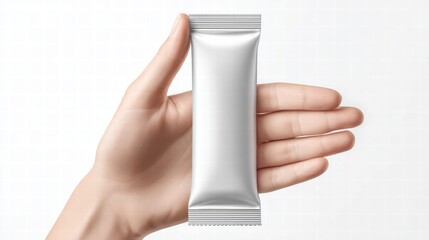 A hand presents a silver, blank packet, perfect for product branding and design.