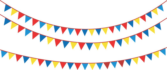 A festive bunting display with red, blue, and yellow triangular flags hanging from curved strings, celebrating a joyful occasion in a vibrant atmosphere from a straightforward viewpoint