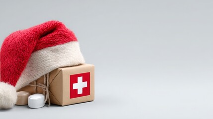 Christmas Santa hat combined with a gift box and medical supplies on a light background.