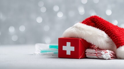 Christmas Santa hat combined with a gift box and medical supplies on a light background.
