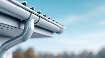 A sleek, metallic gutter system gracefully channels rainwater from a roof with a vibrant blue sky in the background.