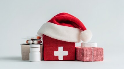 Christmas Santa hat combined with a gift box and medical supplies on a light background.