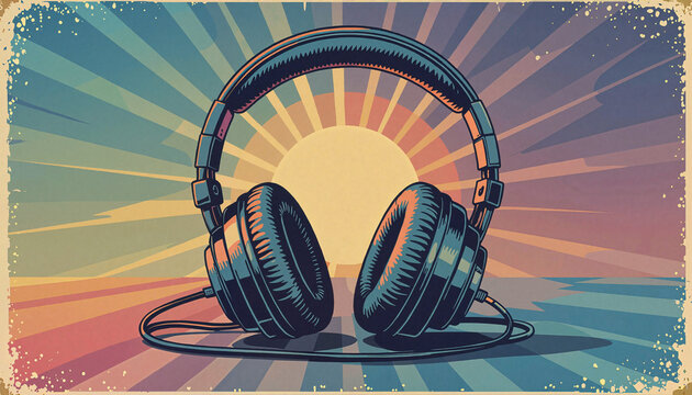 Headphones with colorful sunburst background in retro style  
