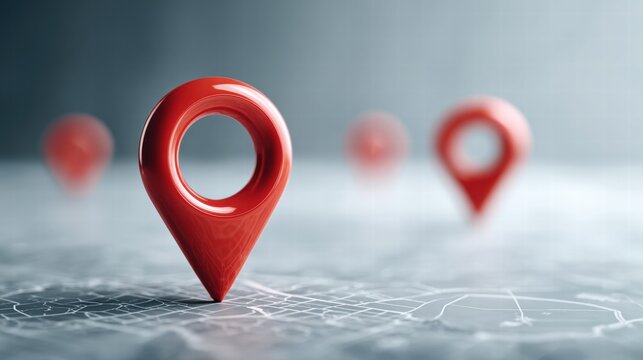 Red location markers on a map, symbolizing navigation and destinations.