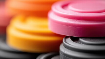 Vibrant, colorful game pieces stacked in a close-up, macro photograph.