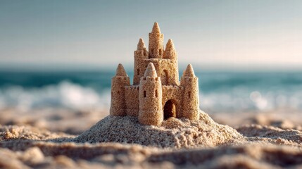 Sandcastle on the beach with the ocean in the background under a bright sky.