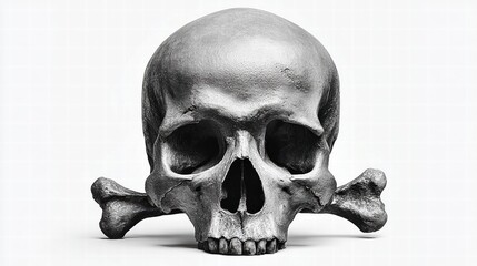 A close-up grayscale image of a human skull with crossbones against a white backdrop.