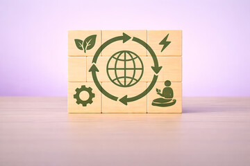 Sustainable development and circular economy concept with global recycle arrows and eco icons