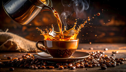 Rich dark coffee splashing into a textured brown cup surrounded by roasted coffee beans on a rustic wooden surface with a burlap cloth in the background and soft warm lighting creating an inviting