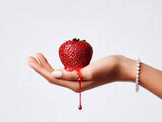 A hand holds a fresh, juicy strawberry with dripping red liquid, a stunning image.