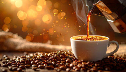 Steaming Hot Coffee Pouring Into A White Cup Surrounded By Roasted Coffee Beans With Soft Bokeh Golden Lights In The Background Creating A Warm Inviting Atmosphere And Aroma